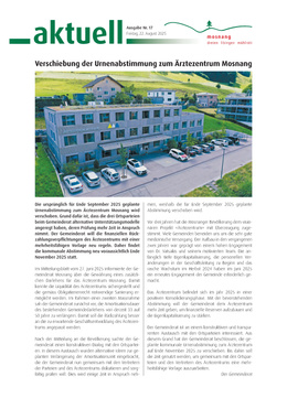 Mitteilungsblatt Nr. 17 vom 22. August 2025 Verschiebung der Urnenabstimmung zum Ärztezentrum Mosnang